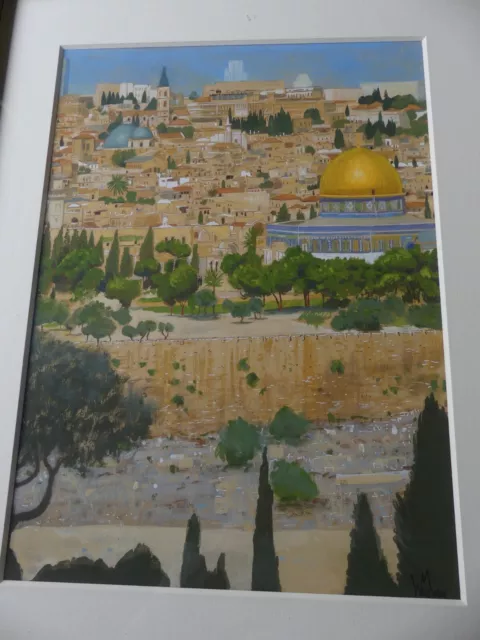 Tableau Orientaliste Superbe Gouache Vue De Jerusalem Signée Gilles Weissmann