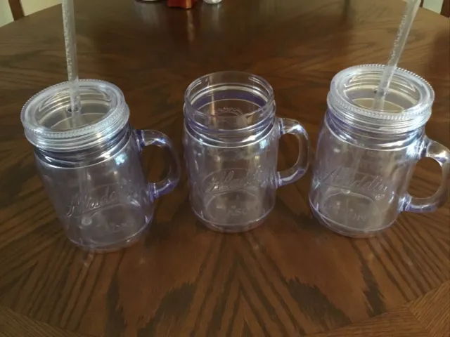 Lot of 3 Aladdin 20oz Insulated Plastic Mason Jar Tumblers w/2 Straws, 2 lids
