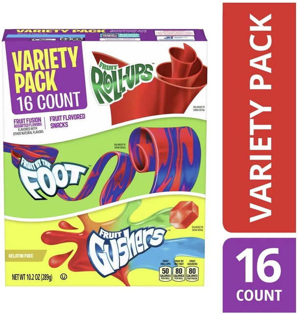 FRUIT ROLLUPS FRUIT by the Foot Gushers Snacks Variety Pack 16 Ct New