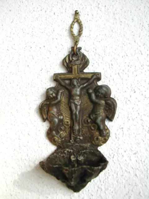 Rare Très Ancien Bénitier Christ et Angelots Religion Collection Déco Curiosité