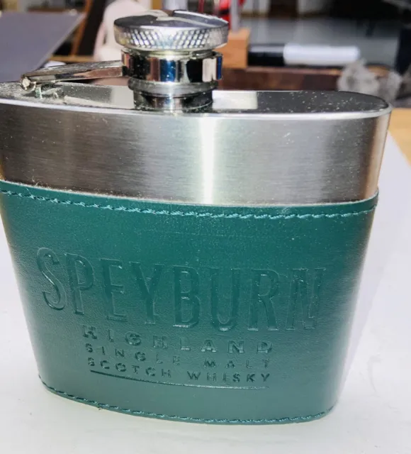 SPEYBURN SINGLE MALT SKOTCH HIP FLASK. Screw Top. LEATHER WRAPPED. 6 oz.