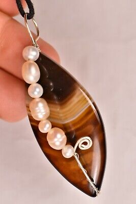 *AGATE *Silver* Pendant 7.1cm 16.6g +Cord Wire Wrapped Sterling Healing Crystal