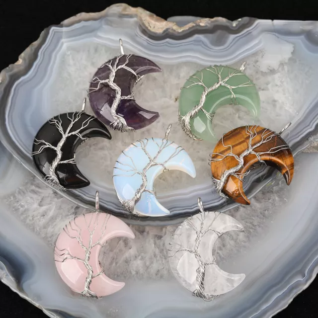 Natural Healing Crystal Quartz Wire Wrap Tree Of Life Crescent Moon Gem Pendant 3