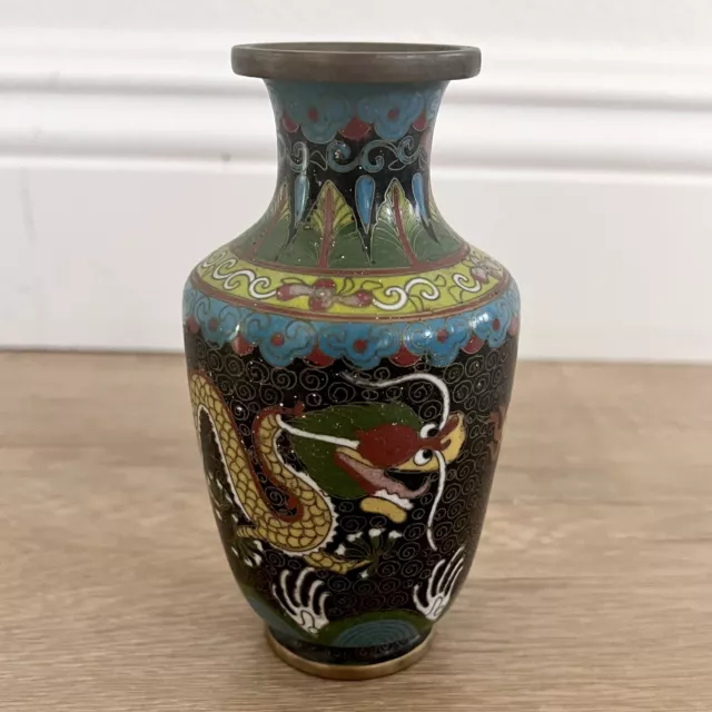 Antique 19th Century Chinese Cloisonné Enamel Brass Vase Two Dragons Play A Ball