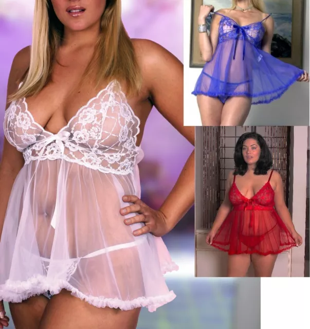 Sexy Deep V Lace and Sheer Babydoll Lingerie Adult Women Plus Size