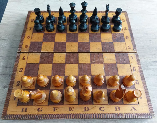 Vintage Wooden Chess Set Figures 1950s USSR - Folding Wood Board 34cm x 34cm