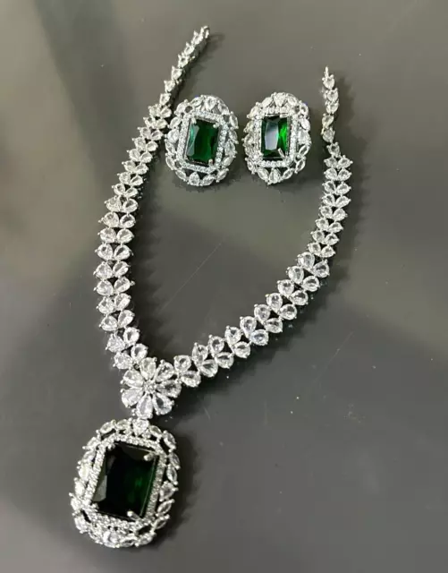 Indian Bollywood Silver Plated Ethnic AD CZ Jewelry Earrings Necklace Bridal Set