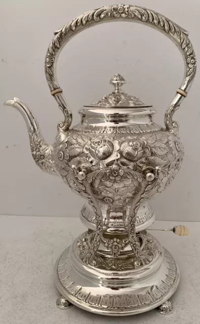 S Kirk & Son Sterling Hand Chased Repousse Pattern Tilting Kettle On Stand