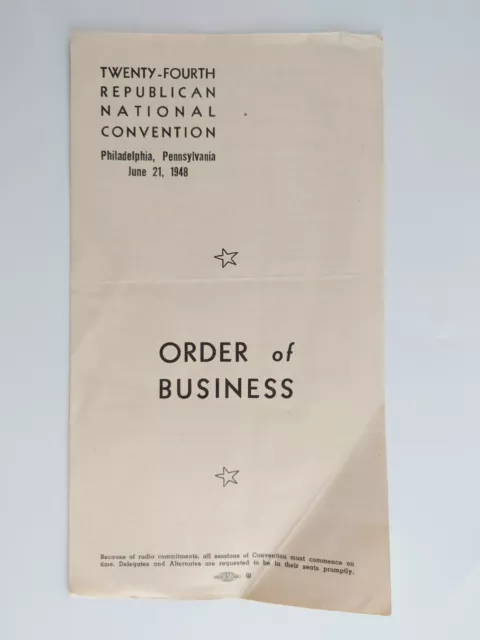 1948 24th Republican National Convention Order of Business Thomas E Dewy Program