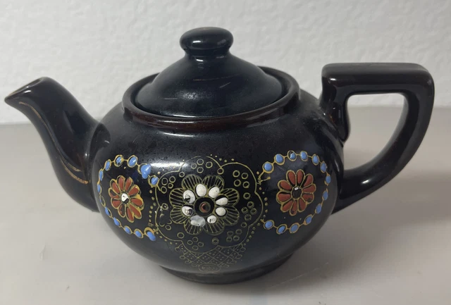 Japan Vintage Ceramic Redware Blue Teapot Glazed and Enamel