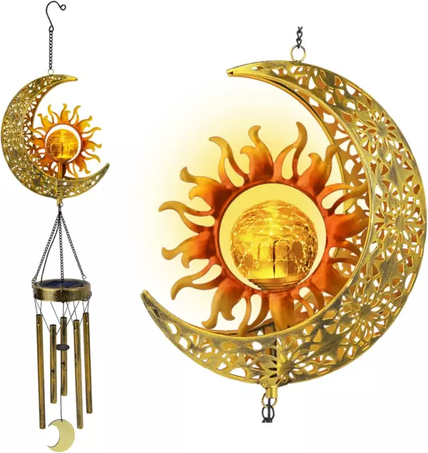 Sun Moon Solar Wind Chimes for outside Crackle Glass Ball Waterproof Wind Chimes