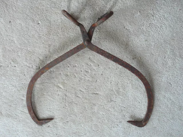 Antique Primitive Blacksmith Hand Forged Wrought Iron 20" Long Block Ice Tongs