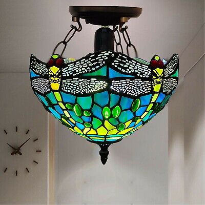 Green Tiffany Dragonfly Ceiling Lamp 10 inch Stained Glass Shade Antique Style