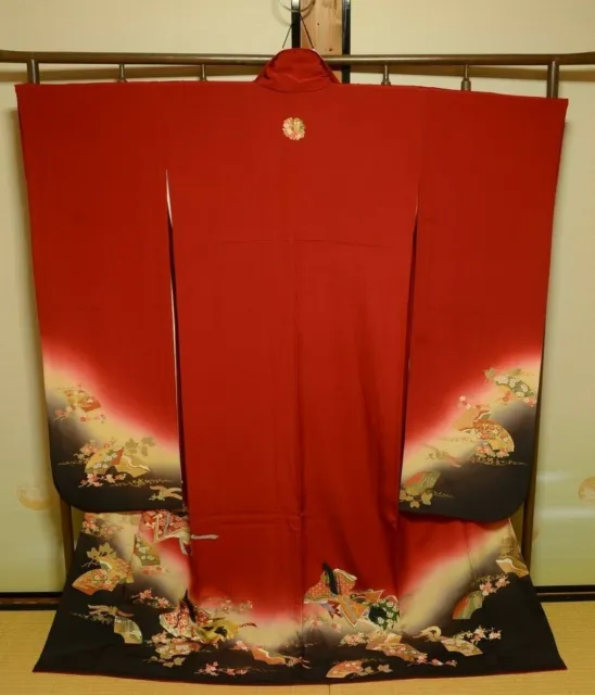 Furisode Silk Kimono Women Japanese Vintage Red Robe Princess 163cm /819