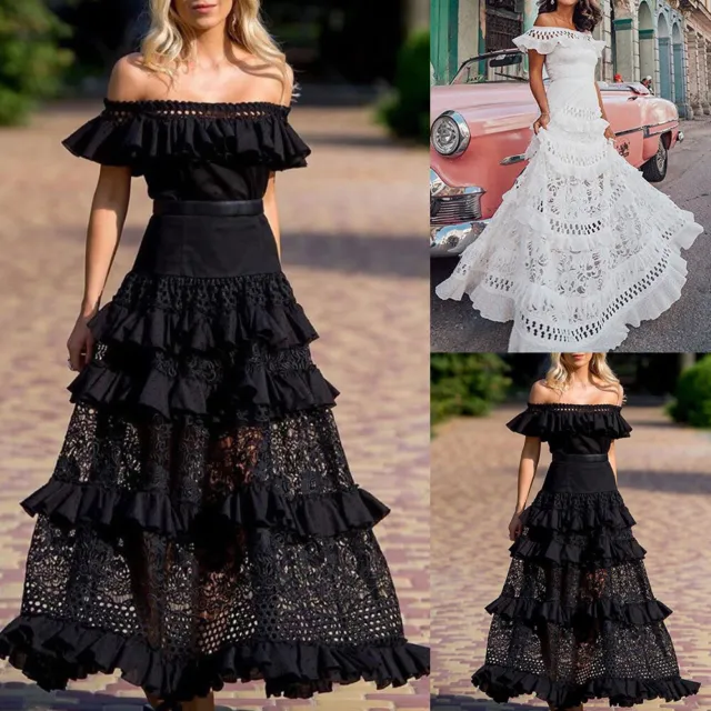 Women Lace Crochet Maxi Dress Off Shoulder Holiday Beach Party Ruffle Long Dress