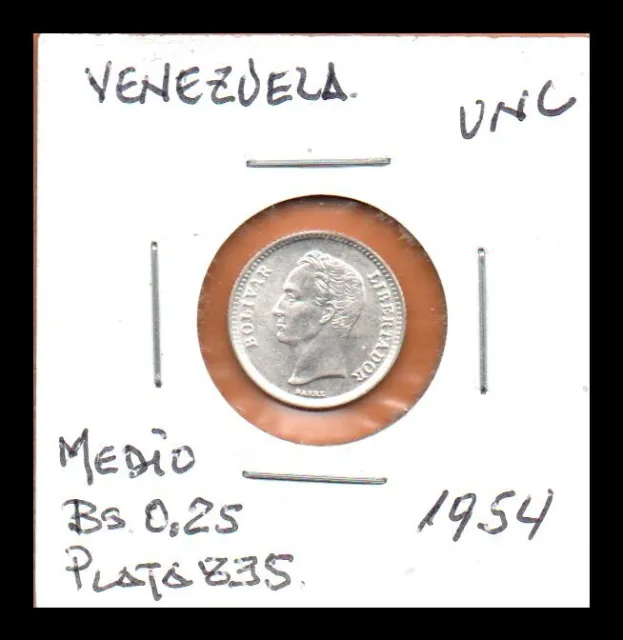 Venezuela UNC Coin 1/4 Bolivar ( 25 Centimos ) 1954 Silver .835 (Low Shipping)