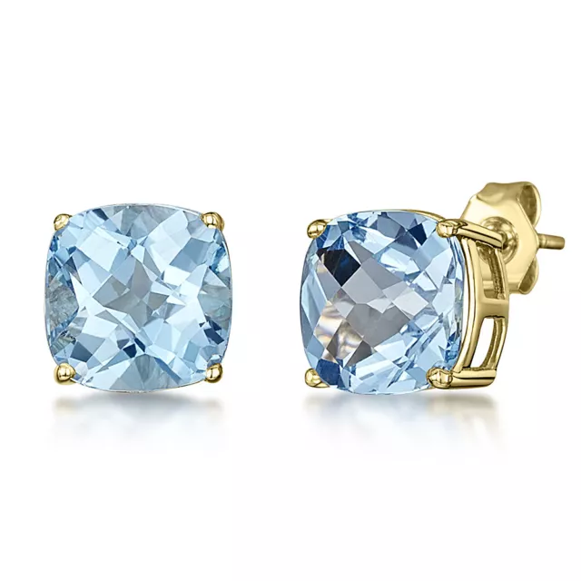 9ct Yellow Gold Earrings Chequerboard Cut Cushion Blue Topaz Stud Earrings 8mm