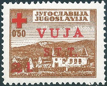 1948 - Trieste B, Red Cross £2 out of 0.50 d. Brown in Red with Above. "Vuja S"