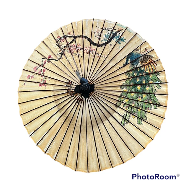 Vintage Handpainted Asian Bamboo and Paper Umbrella Parasol Peacock Floral 41” D