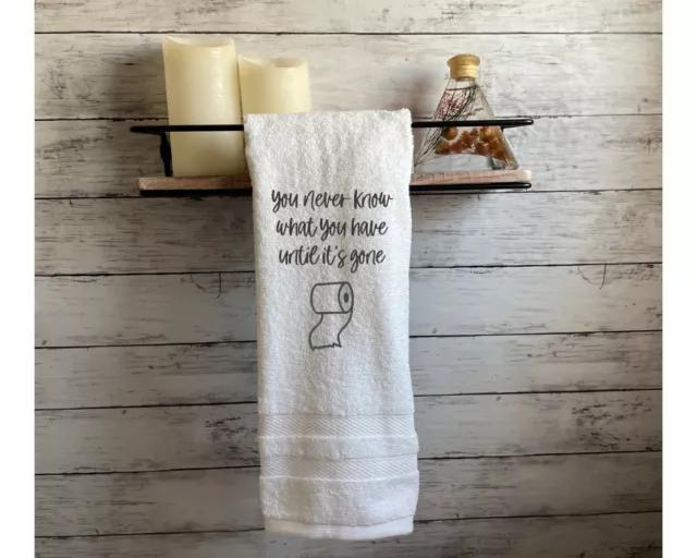 Funny White Bathroom Towel Toilet Paper Gone Saying Embroidered TinksTreasurez