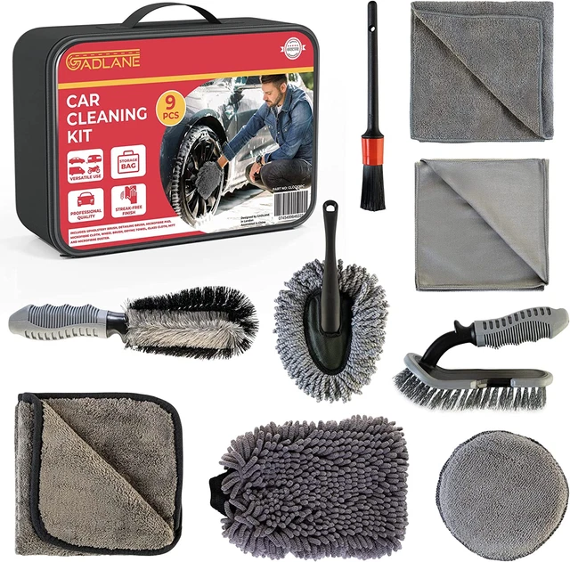 GADLANE Kit Pulizia Auto 9 Pezzi con Borsa Portaoggetti Include Spazzola Imbottitura, Det