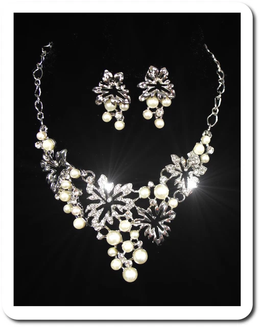 Set 2 Tlg Kette Ohrringe Schmuckset Collier Halskette Perlen Imität Strass Braut
