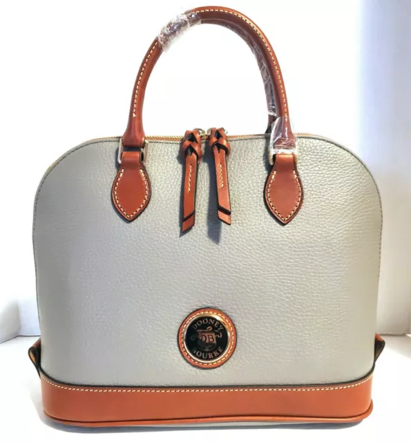 Dooney&Bourke Pebble Grain Leather Round Logo Zip Zip Satchel in Putty Grey NWT