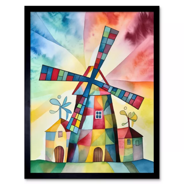 Windmill Modern Folk Art Abstract Bright Framed Wall Art Picture Print 12x16