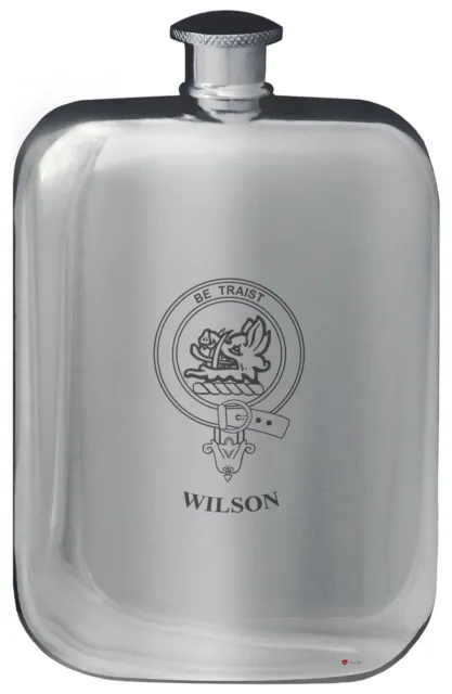 Wilson Family Crest Design Pocket Hip Flask 6oz Rounded Polished Pewter