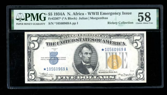 DBR 1934-A $5 Silver North Africa STAR Fr. 2307* PMG 58 Serial *10560969A