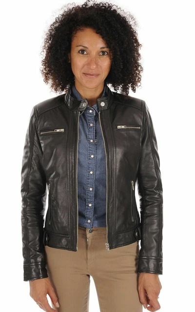 Nuovo 100% Giacca Vera pelle D'Agnello per Donne Nero Slim Fit Biker Cappotto