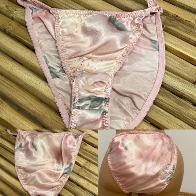 VINTAGE FLORAL SHINY SATIN STRING BIKINI PANTY sz L