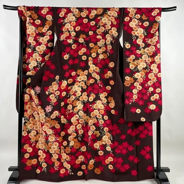 Japanese Kimono Furisode Pure Silk Lined Cherry Blossom Brown Purple Pink Formal