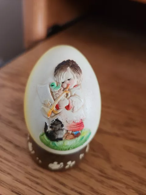 Anri Ferrandiz Egg 1979 "The Trumpeter" Easter Carved Wooden Egg w/Stand