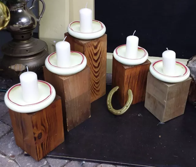 5 Stück Alte Holzpfosten & Keramik Schalen Ohne Kerzen, Aschenbecher B 648 2