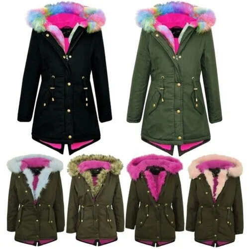 Kids Hooded Jacket Girls Rainbow Fur Parka School Jackets Outwear Coat 5-13 Year