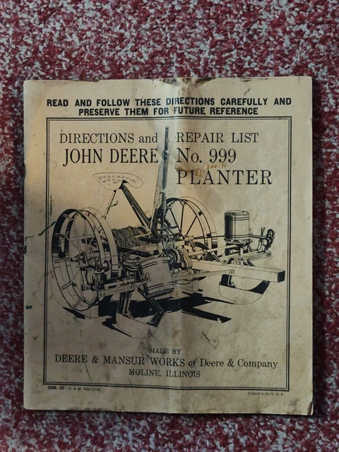 1930 John Deere Directions & Repair Lists for No. 999 Planter