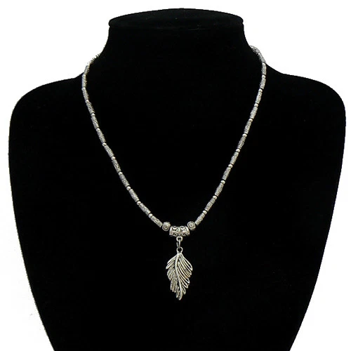 Collier Feuille Style Tibétain - Argent Allié, Pierres Bleues, Fantaisie Femme, Neuf Sans Emballage