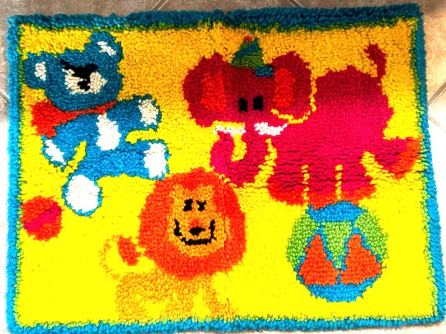 Vintage MALINA Latch Hook Rug Completed 27 x 20 Circus Zoo Animals Children Kids