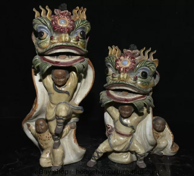 11.6 " Old Chinese Wucai Shiwan Porcelain Carved Art Lion Dance Pair statue