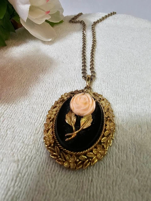 STUNNING Vtg ESTATE SIGNED AVON GOLD TONE Rose FLOWER MIRROR 30 1/2" NECKLACE