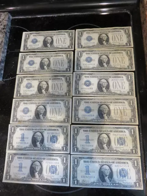 12 Vintage $1 Silver Certificates 1934  1928 A & B Funnybacks