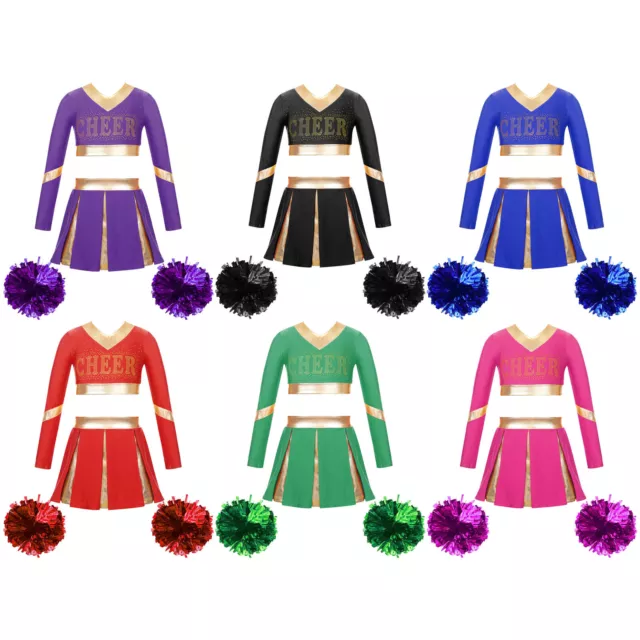 UK Kids Girls Cheerleading Outfit Set Dress Up Long Sleeve Crop Top with Skirt