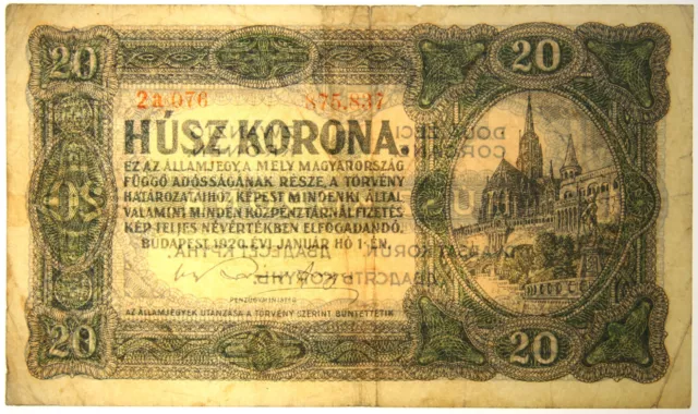 Ungarn - BANKNOTE - 20 Kronen Korona 1920 - Serie 2a 076 875.837 3