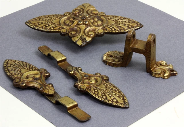 Antique 19c Hardware Cast Iron Ornate Floral Curtain Drape Rod Clips w/Toppers
