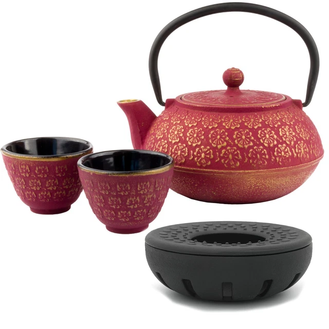 Asia Tee Set Gusseisen 0.6 Liter rot Teekanne mit Teewärmer und 2 Guss-Teebecher