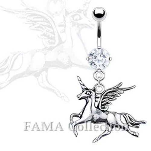 FAMA 316L Stainless Surgical Steel Unicorn Dangle w/ Prong CZ Navel Belly Ring