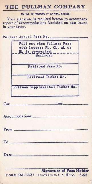 1963 Pullman Company - pad of railroad pass use report forms