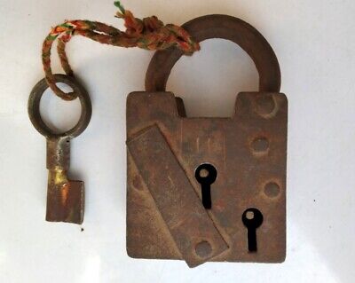 Antique Old Iron Hand Forged Padlock With Key Working Condition Lock