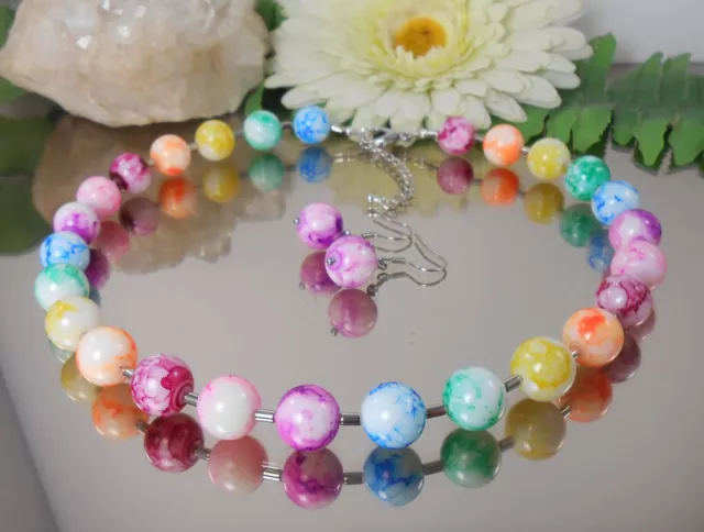 2er SET / Hübsches GLAS Perlen COLLIER + Ohrhänger IN MULTICOLOR
